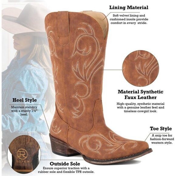 ✨ Roper Casual Boots Women Brown Riley Round Toe Mid Calf Low Heel 1-2 - Picture 7 of 10